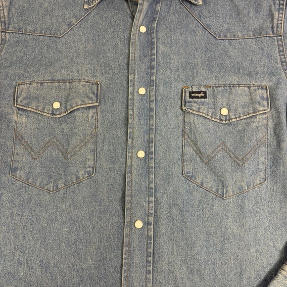 Wrangler Cowboy Cut Blue Denim Western Work Shirt Mens M Pearl Snap Rodeo - Picture 4 of 11